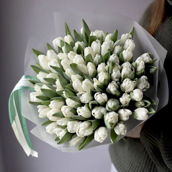 Букет из белых тюльпанов -  75 тюльпанов 